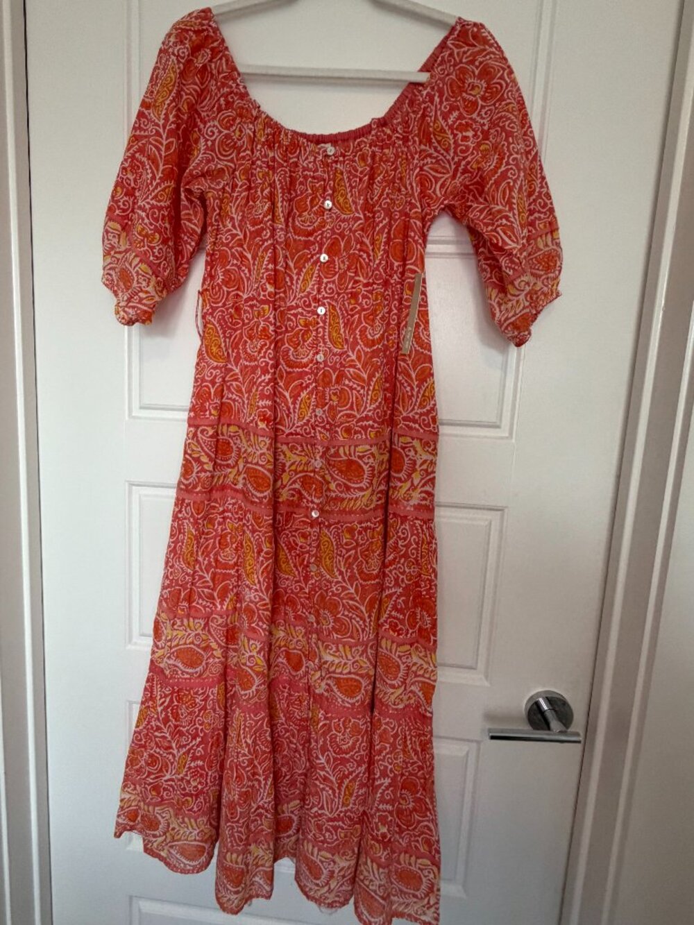Cleobella NWT Coral Orange Paisley Midi Dress Small Organic Cotton Off Shoulder